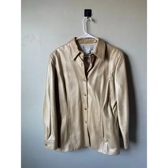 St. John Sport Button Up Gold Metallic 100% Italian Leather Jacket- Size Large